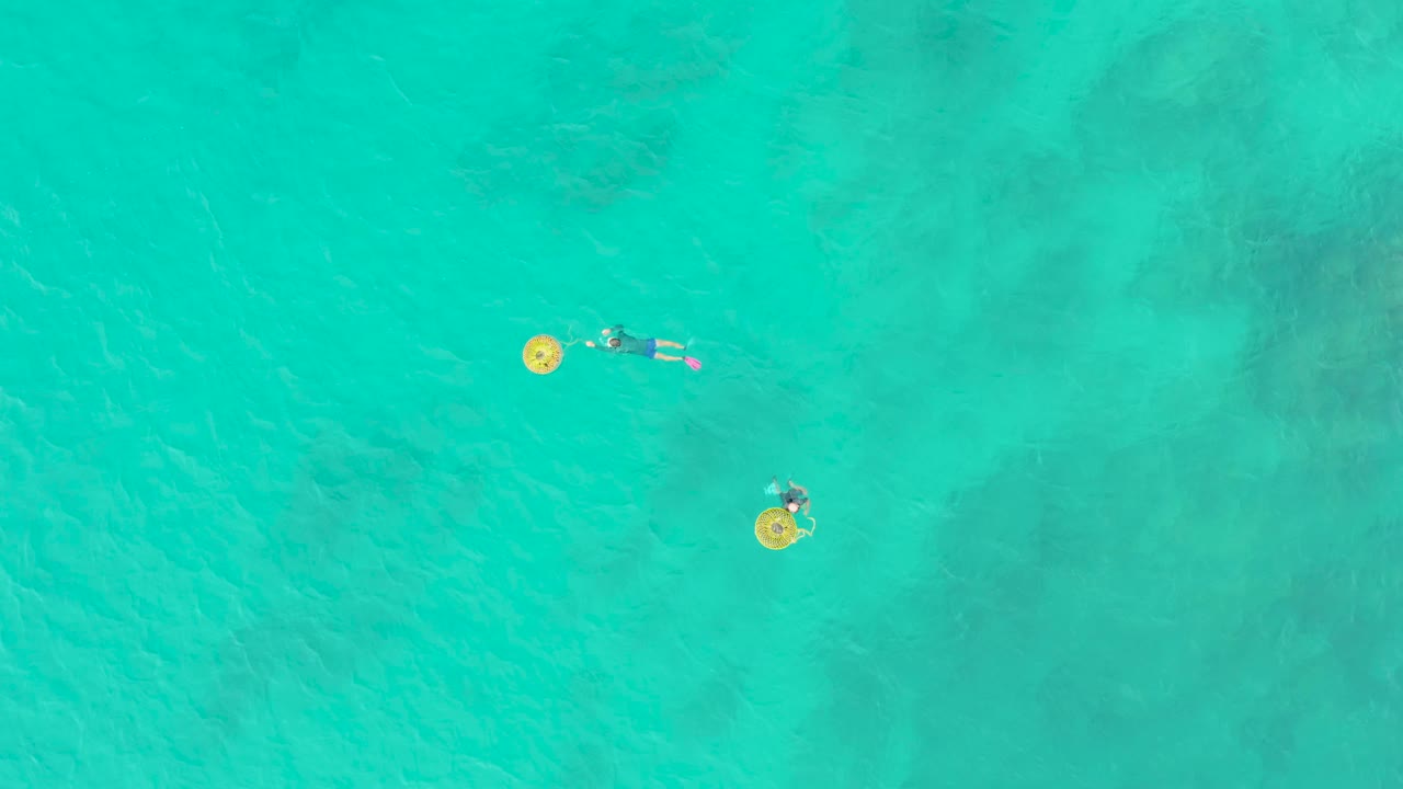 Overhead view of two people with yellow circular floats in turquoise water at Laguna Beach Los Cabos, with pale seabed visible beneath them.