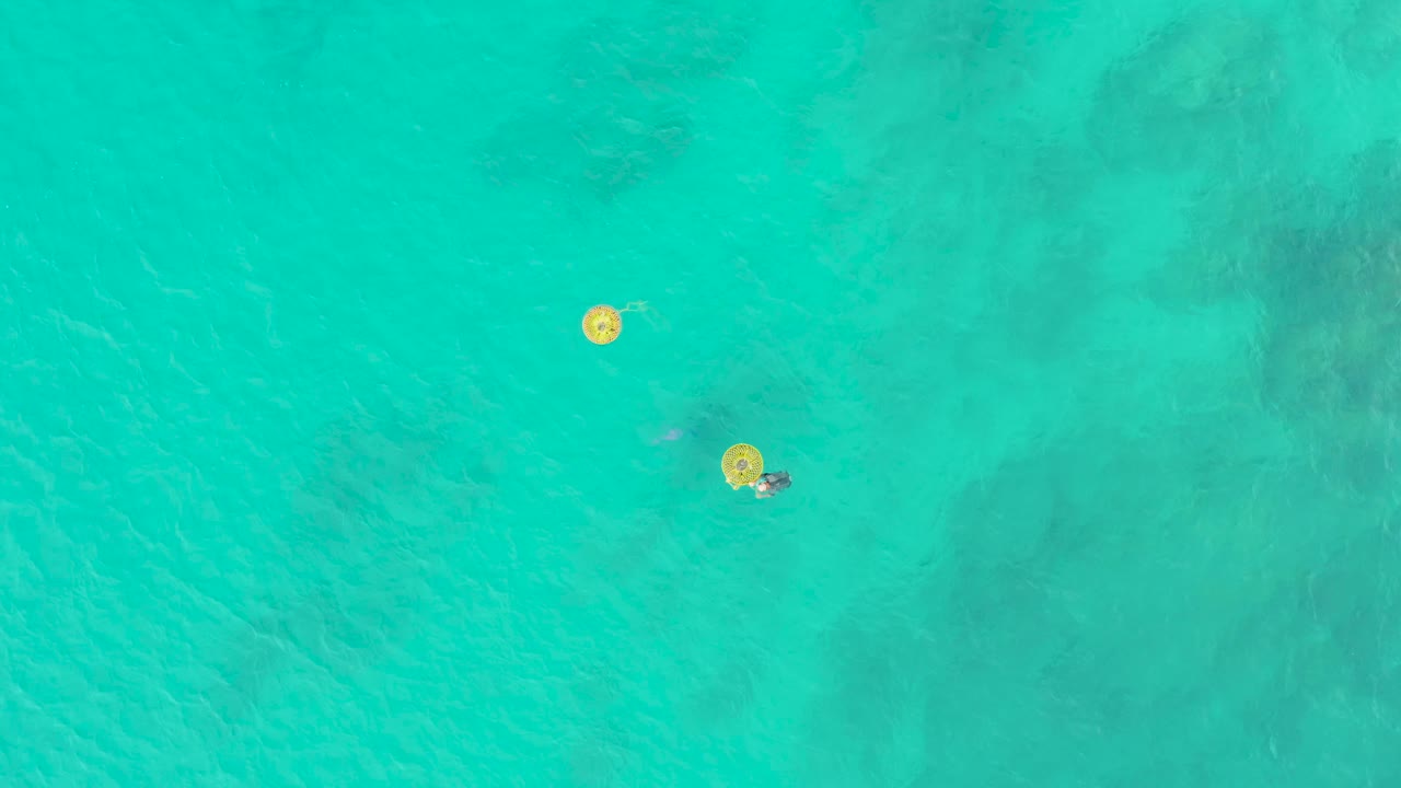 Overhead view at Laguna Beach Los Cabos shows clear turquoise water, two yellow circular floats, and small swimmers near the upper-left portion of the frame.