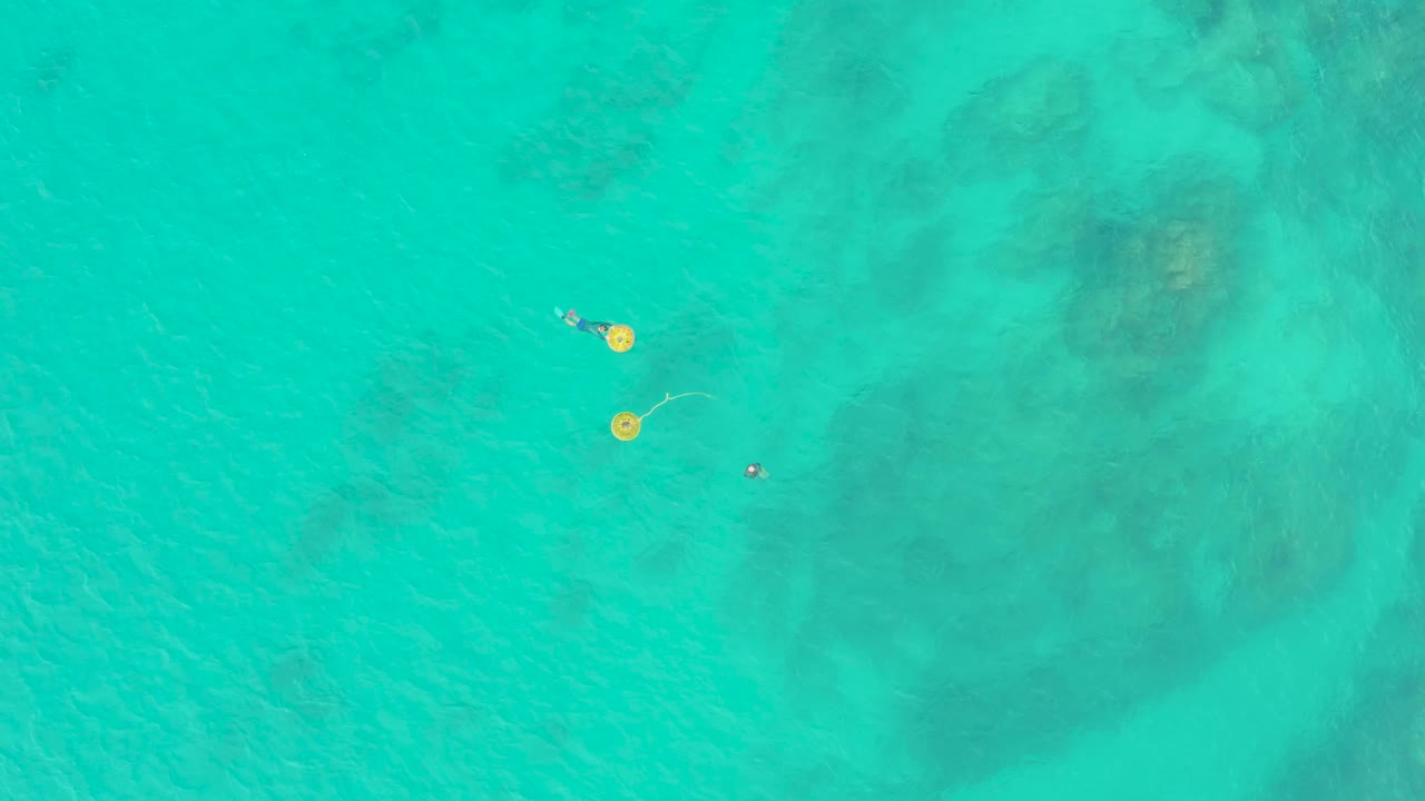 Top-down aerial frame over Laguna Beach Los Cabos water, showing two small swimmers separated from two yellow buoys by a rope across clear turquoise shallows.