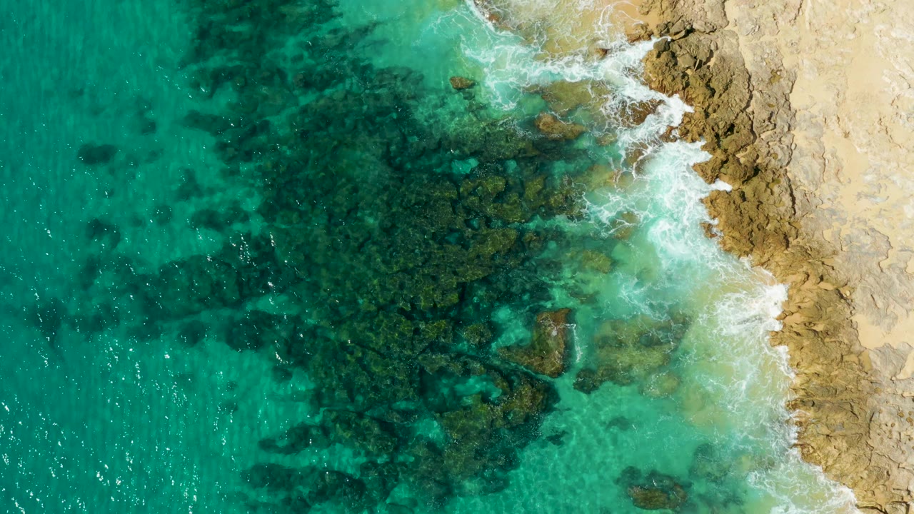 An overhead frame places dark submerged rocks through the center, turquoise ocean at left, and foamy tan shoreline at right in Laguna Beach Los Cabos, with no visible people.