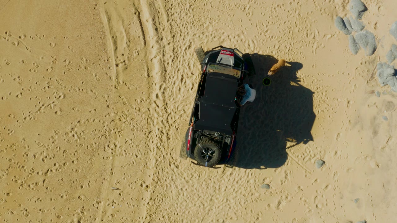 Overhead frame from Laguna Beach Los Cabos showing a black SUV on pale sand, a person beside the passenger side, a dog near the vehicle shadow, tire tracks, rocks, and footprints.