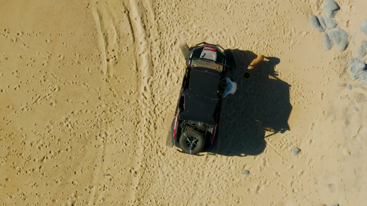 Black SUV seen from above on sand with tire tracks and a dog near its shadow.