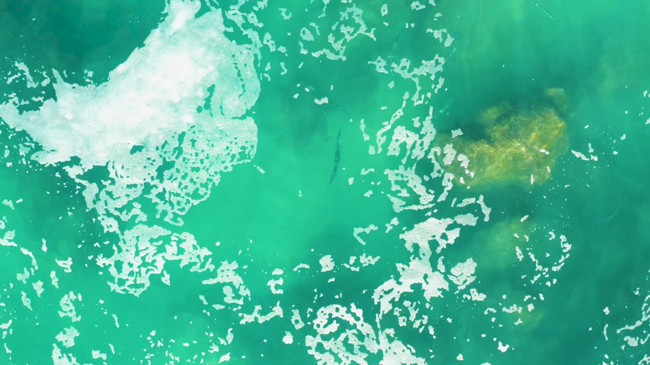 A sea turtle is visible beneath turquoise ocean water at Laguna Beach Los Cabos, with a large patch of white foam crossing the upper left and no visible people.