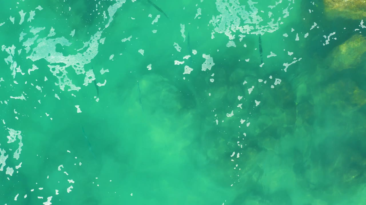 Shallow turquoise water at Laguna Beach Los Cabos is seen from above with white bubbles, uneven foam patches, green underwater texture, and no visible people.