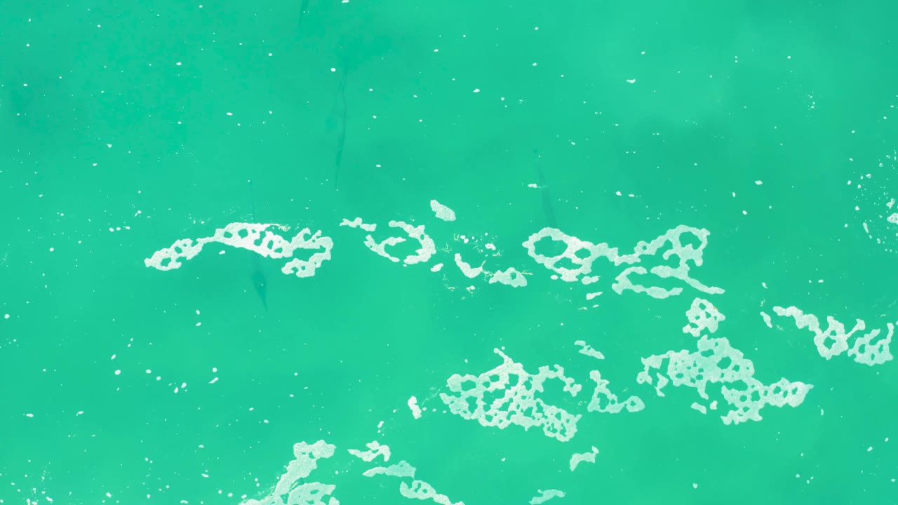 Top-down green blue water at Laguna Beach Los Cabos with foam patches shifted toward the lower right and tiny surface bubbles, with no visible people.