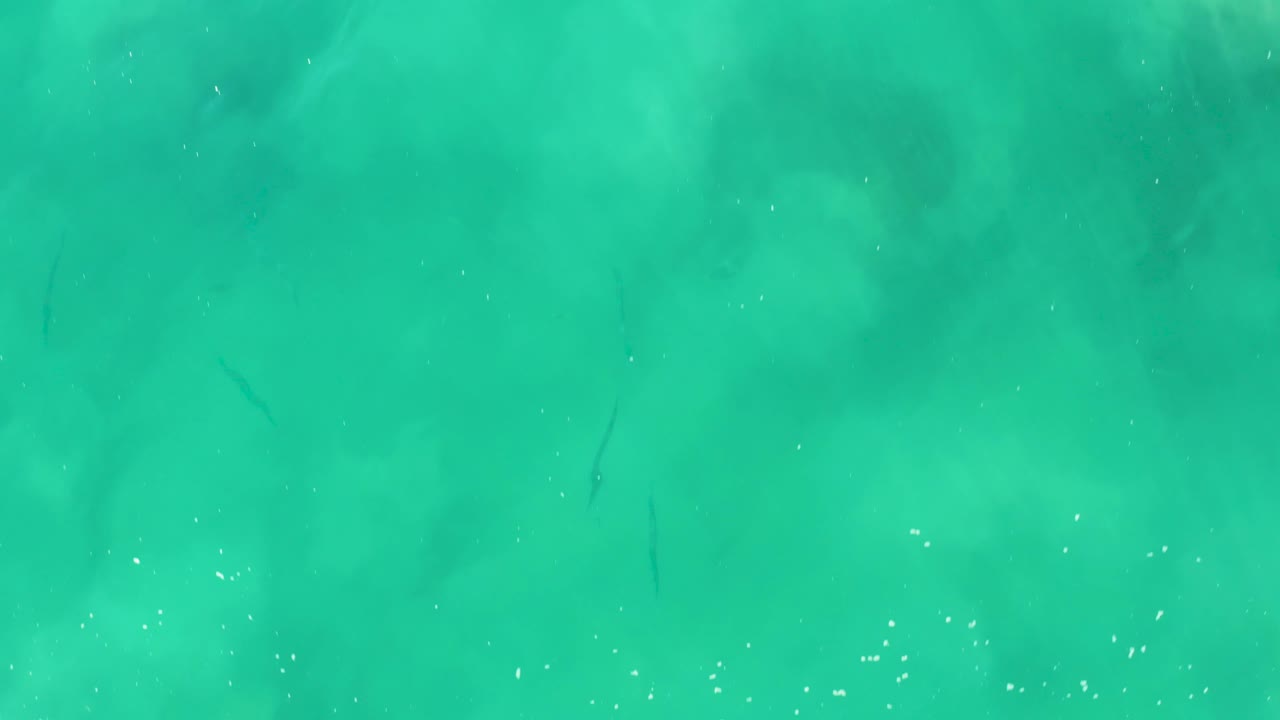 Turquoise ocean surface with tiny bubbles and faint submerged shapes.