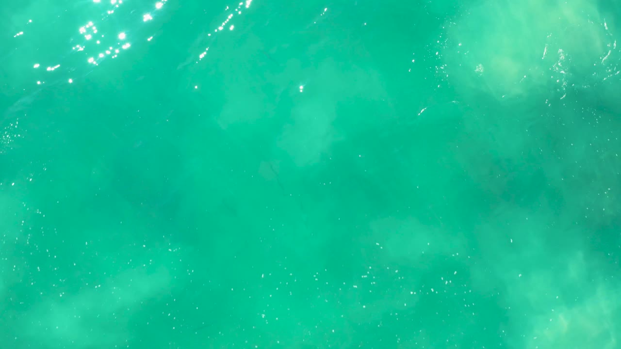 Top-down frame from Laguna Beach Los Cabos showing turquoise seawater, bright sparkle clusters, small bubbles, darker submerged vegetation, and no visible people.