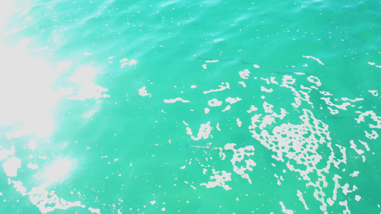 Turquoise ocean surface at Laguna Beach Los Cabos with a large bright glare area on the left, broken white foam on the right, and no visible people.