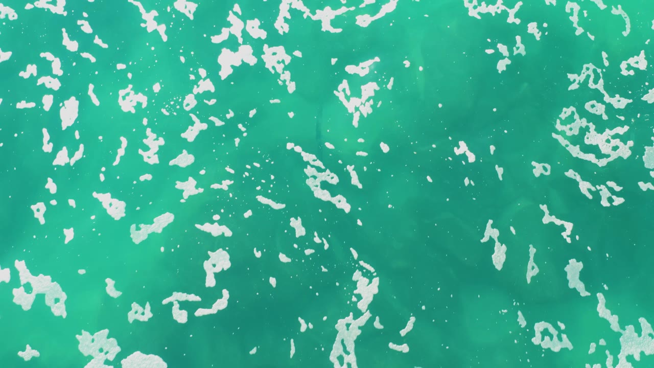 Opening frame of shallow turquoise water at Laguna Beach Los Cabos, with irregular white foam patches spread across the surface and no visible people.