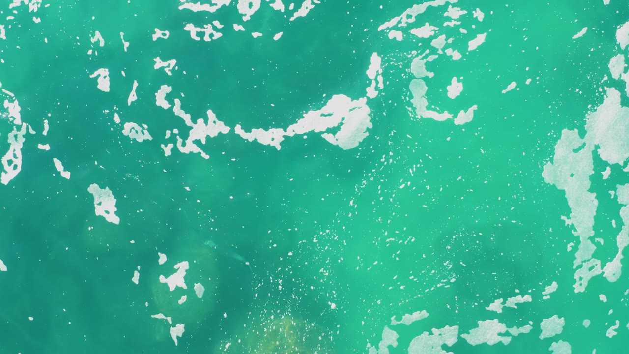 Overhead view of turquoise ocean water at Laguna Beach Los Cabos with white foam clusters across the upper frame and no visible people.