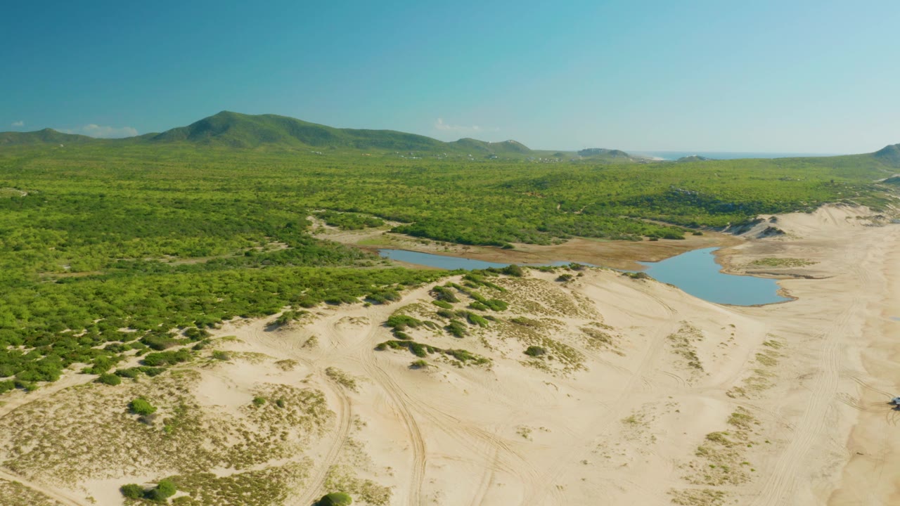 A high aerial frame in Laguna Beach Los Cabos with patchy shrubs on pale dunes, a small blue water body near the right dune edge, continuous green forest, distant hills, and no visible people.