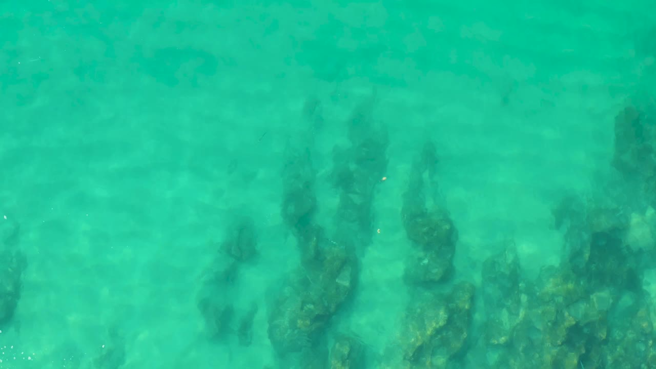 Green-blue shallow water at Laguna Beach Los Cabos reveals darker submerged rock or coral shapes through light surface movement, with no visible people.
