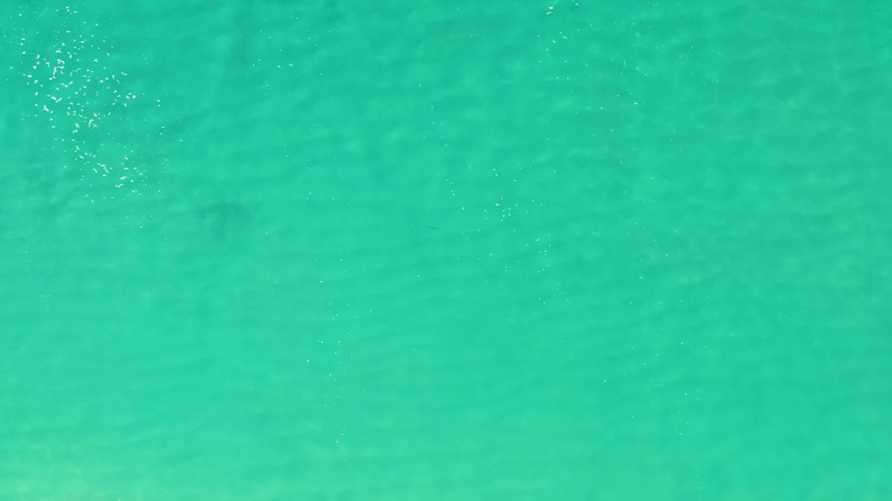 Turquoise ocean surface at Laguna Beach Los Cabos includes a brighter foam patch left of center, subtle darker shapes under the clear water, sandy bottom color, and no visible people.