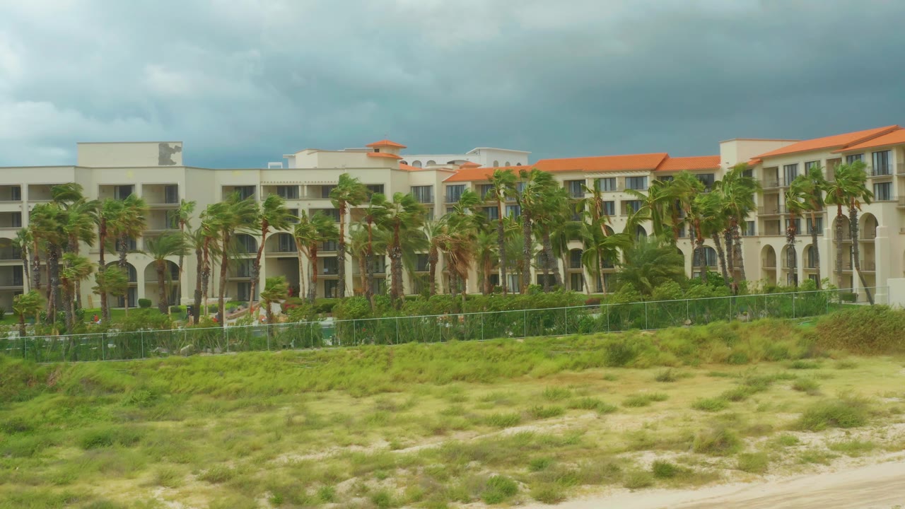 Beach dune grass in front of a palm-lined resort under heavy clouds.