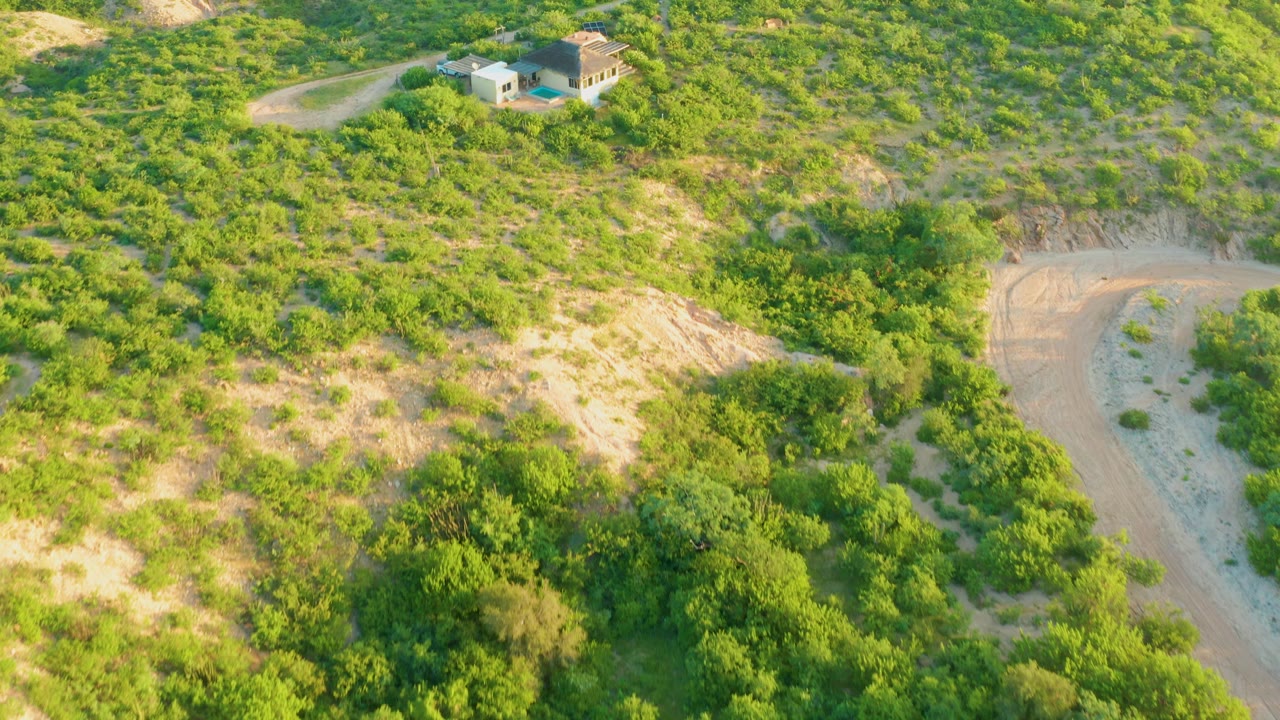 Aerial hillside view with a house, dirt road, trees, and sandy soil