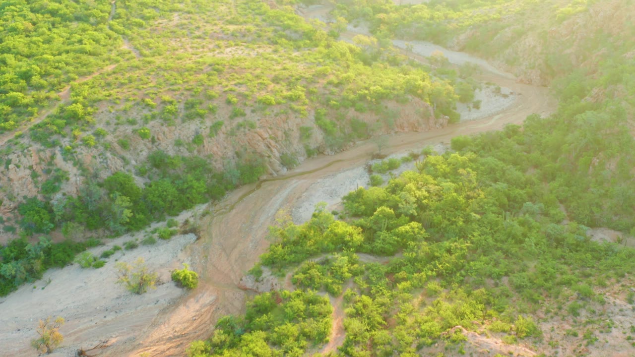 Aerial frame from Cabo Pulmo, Baja California Sur, with a muddy bend below a shrub-covered hillside and warm light washing the upper right, with no visible people.