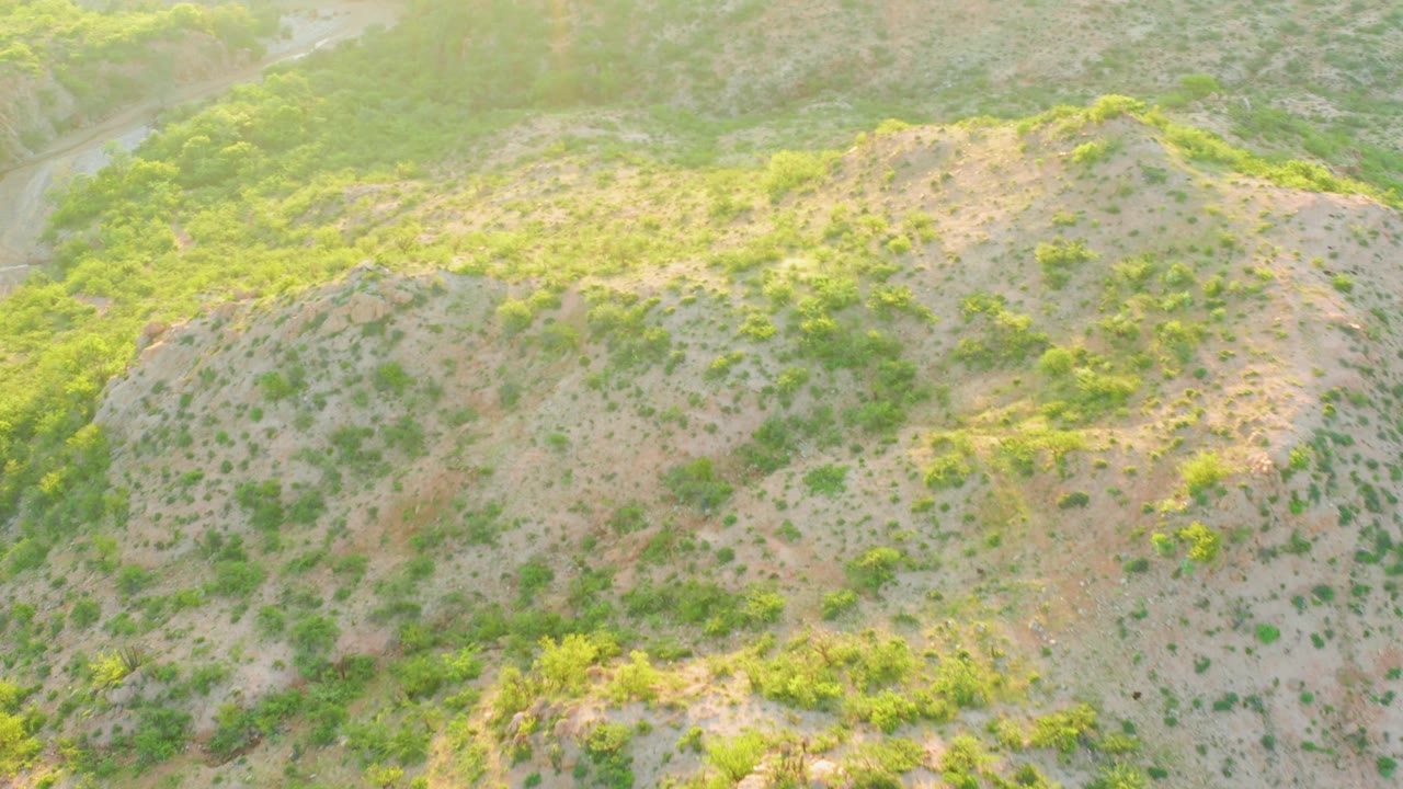 Aerial hillside with a pale winding track near the top left.