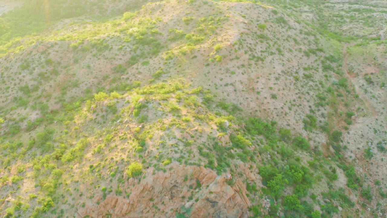 Aerial view in Cabo Pulmo with the camera looking down on a rounded hill ridge, green shrub clusters, exposed stone, and no visible people.