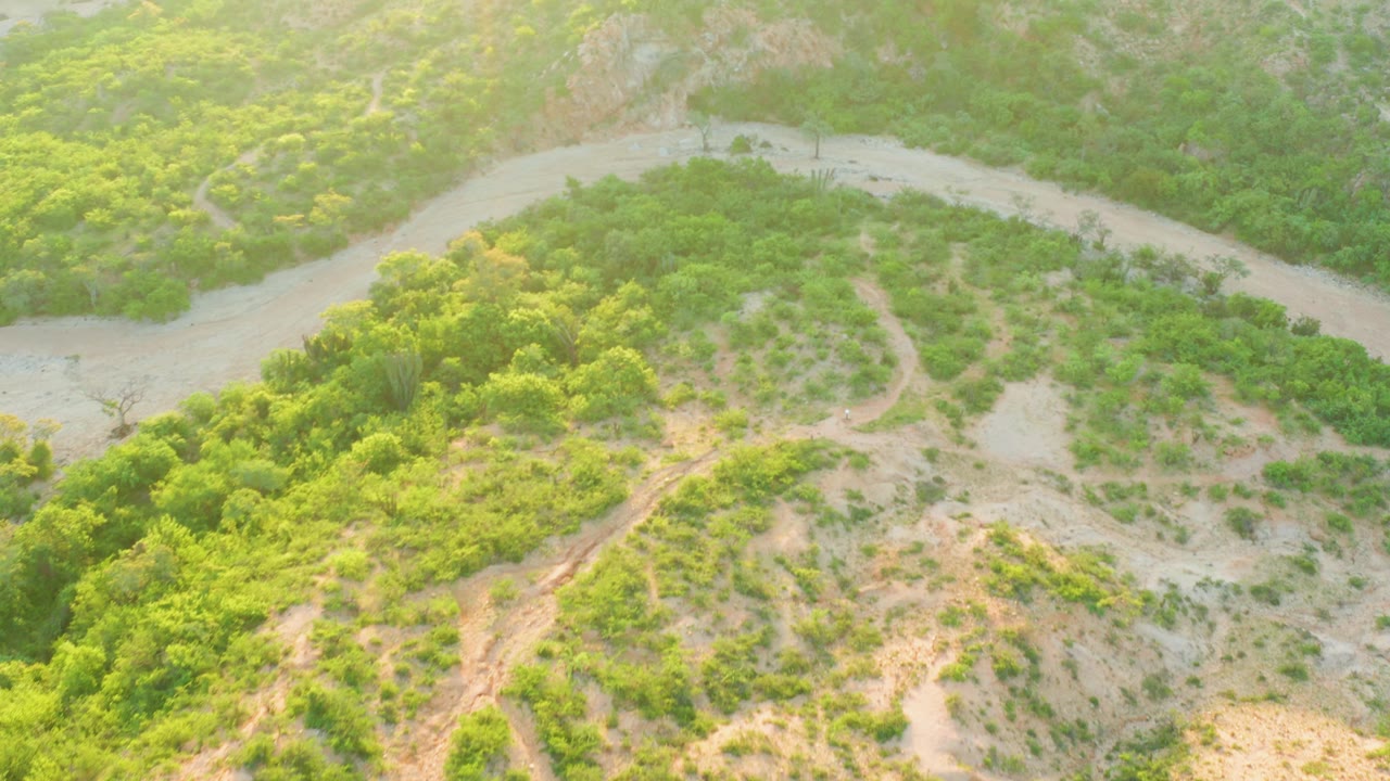 Aerial view in Cabo Pulmo, Baja California Sur, showing a pale river bend between green brush and dry sandy hillside paths, with no visible people.