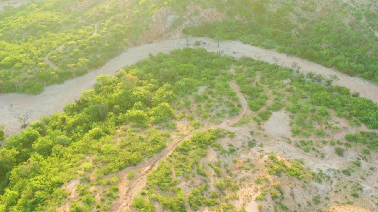 High oblique aerial view in Cabo Pulmo, Baja California Sur, with the river sweeping across the upper frame, scrub-covered hillside below, and no visible people.