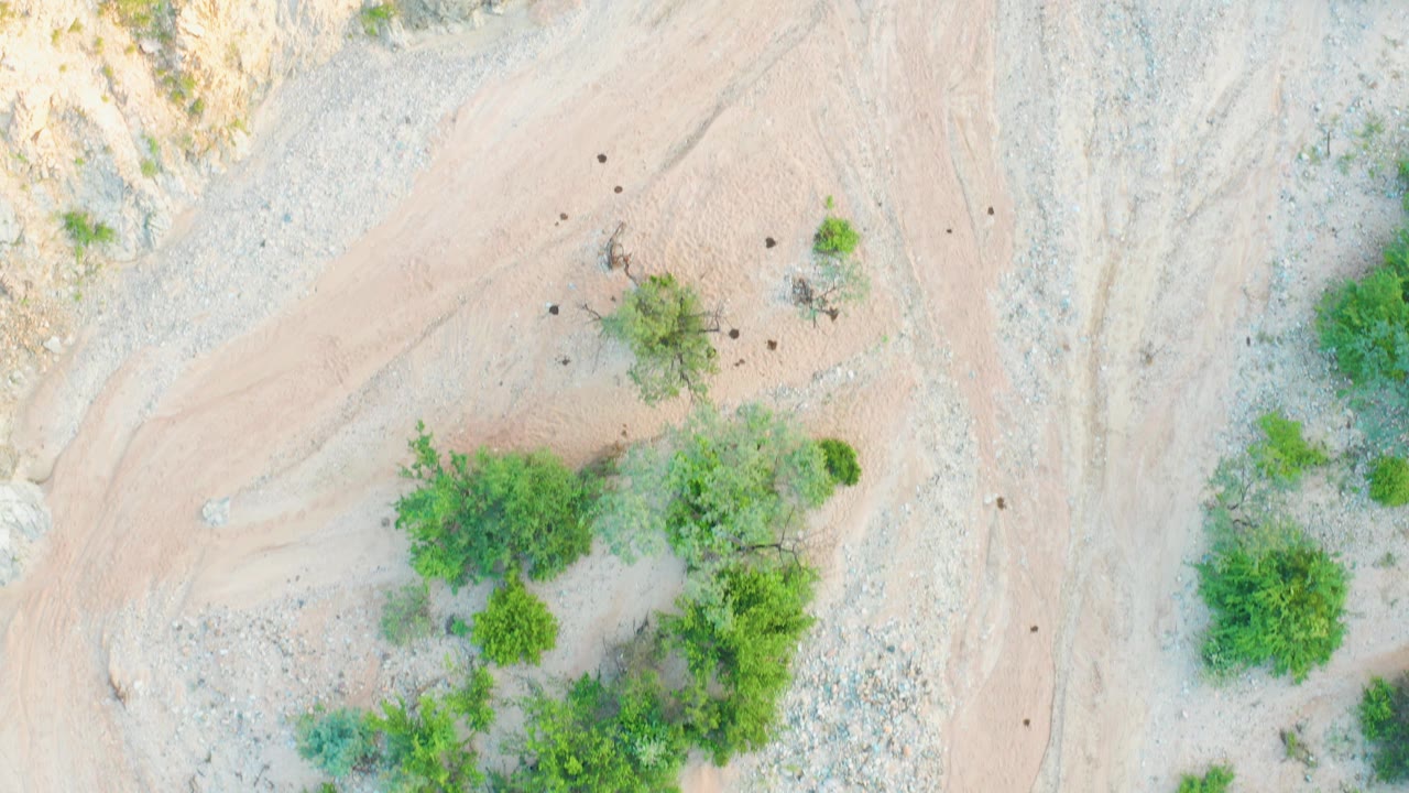 Overhead view in Cabo Pulmo with sandy tan ground, gray rocky patches, scattered shrubs, small dark spots on the surface, and no visible people.