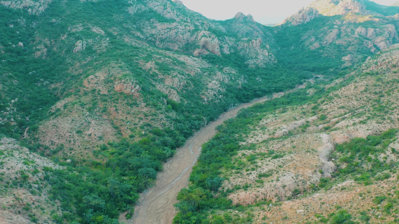 Aerial view over Cabo Pulmo terrain with a winding river bordered by dense green vegetation and rocky beige slopes, with no visible people.