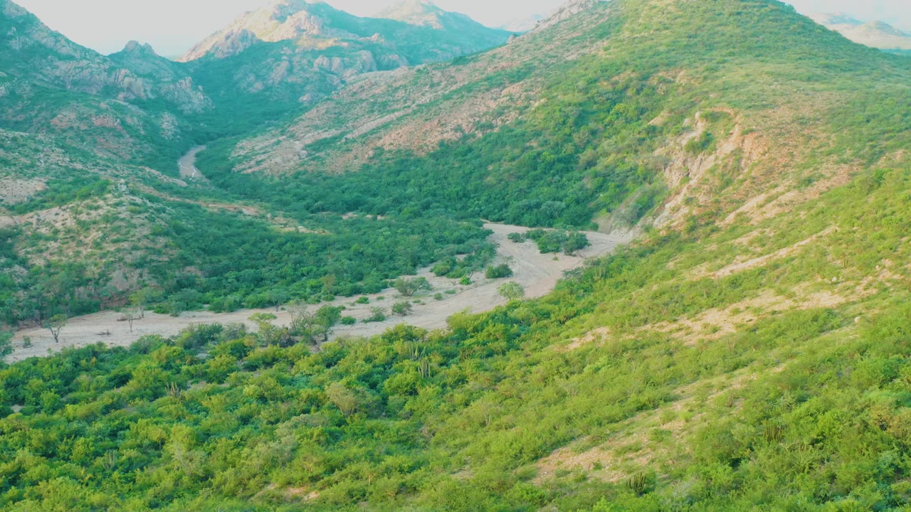 Cabo Pulmo valley view one second in, with the pale river channel centered between forested green hills and rocky mountain walls, no visible people.