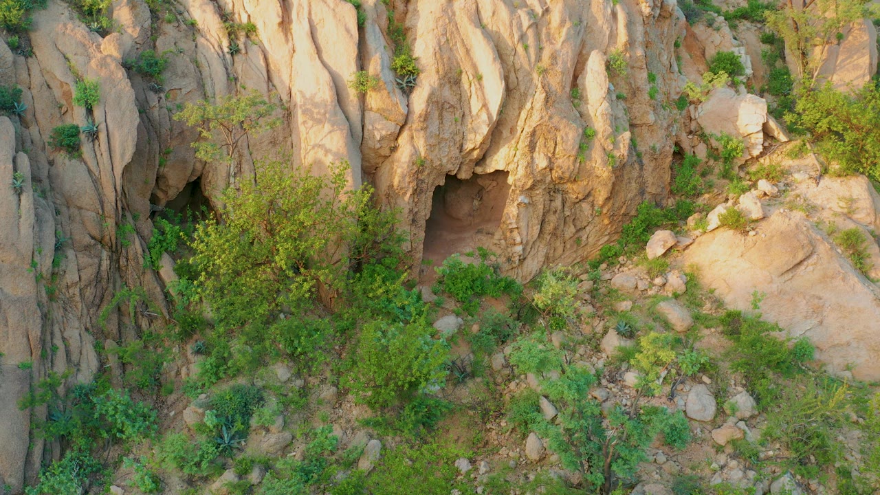 Cabo Pulmo frame with the cave entrance near the left edge, cracked tan rock rising above, green shrubs and small trees below, and boulders scattered across the slope, with no visible people.