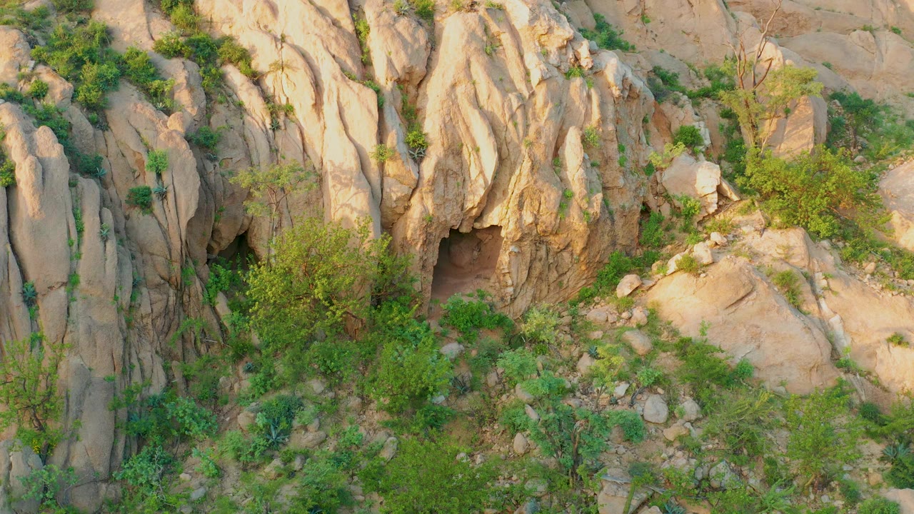 Cabo Pulmo rocky outcrop with a dark cave entrance near the lower left, green shrubs at the base, and no visible people.