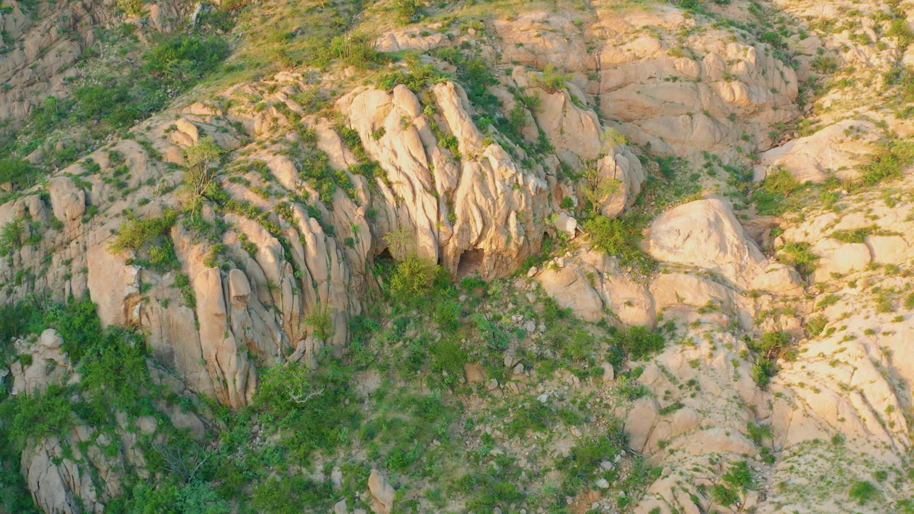 Cabo Pulmo rocky hillside seen from above, with pale stone ridges, scattered green brush, and no visible people.
