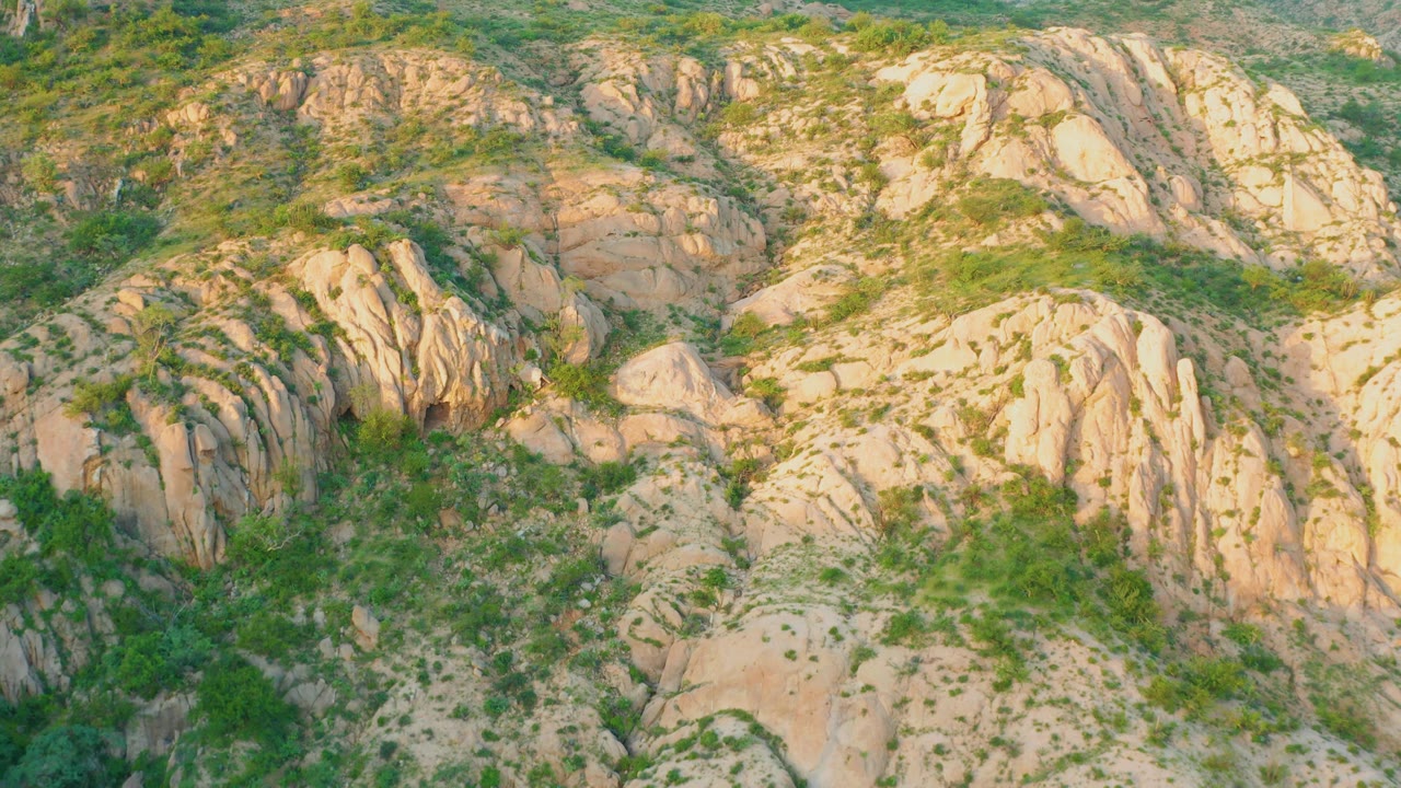 Aerial frame of ridged tan rocks and scattered green vegetation across uneven Cabo Pulmo hillside terrain, with no visible people.
