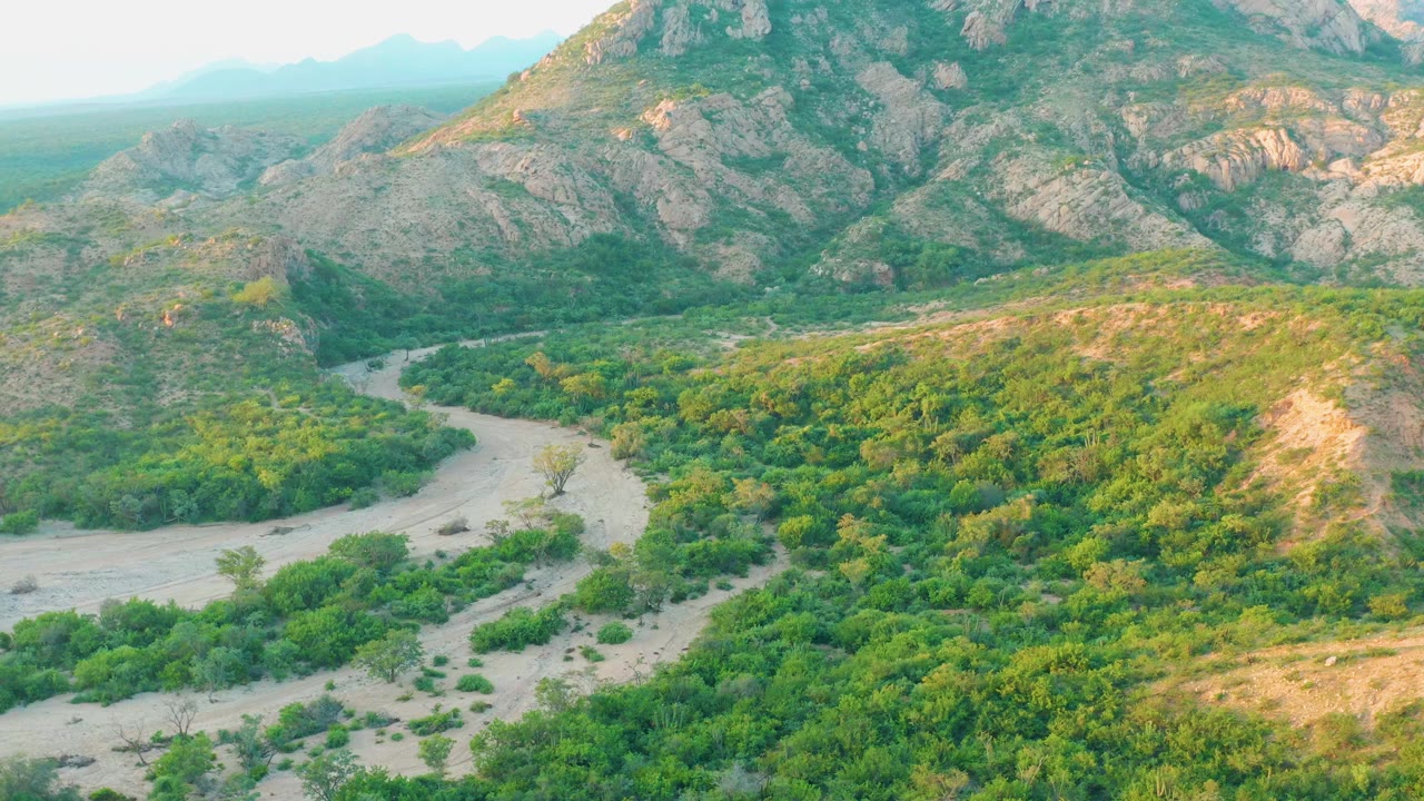 Aerial view of a pale dirt road curving through green valley vegetation below rocky mountains.