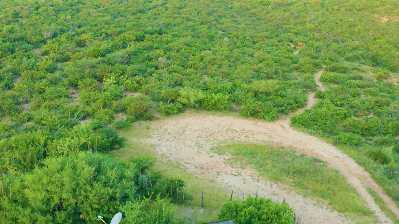 Aerial view of scrubby green field and pale dirt path with a small roof detail.