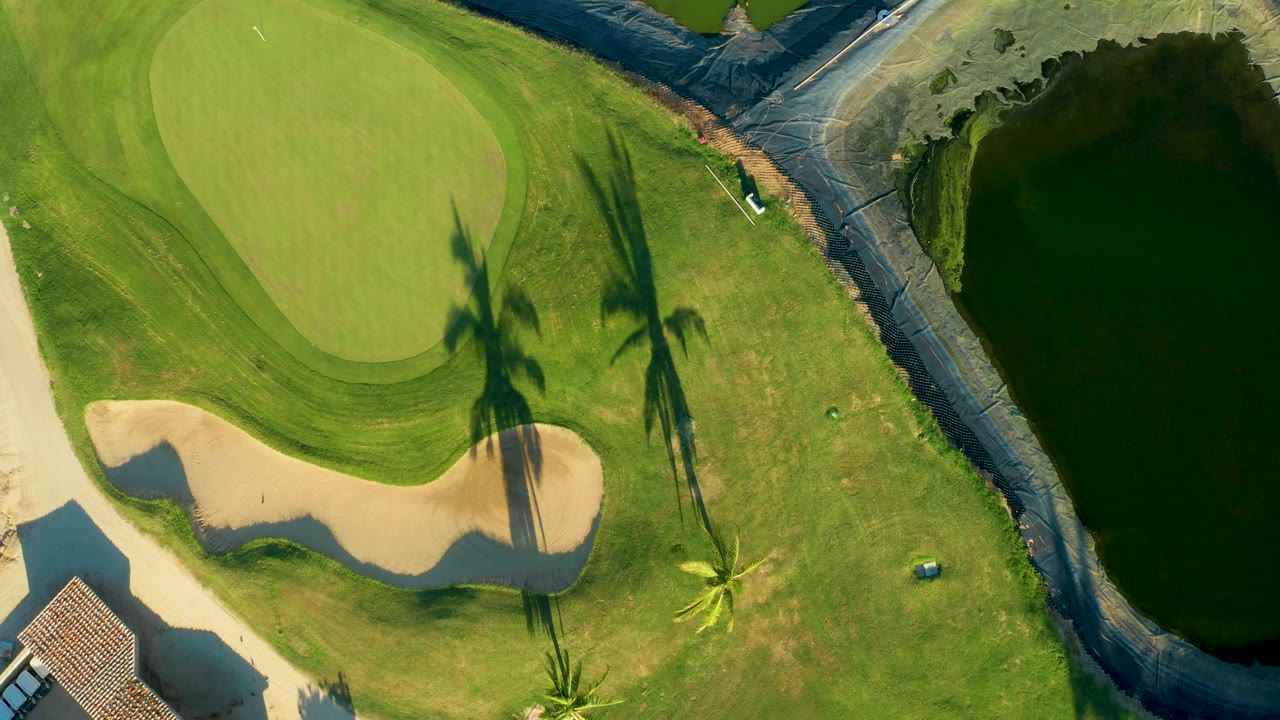 Closer overhead view of green, bunker, palm shadows, and canal.