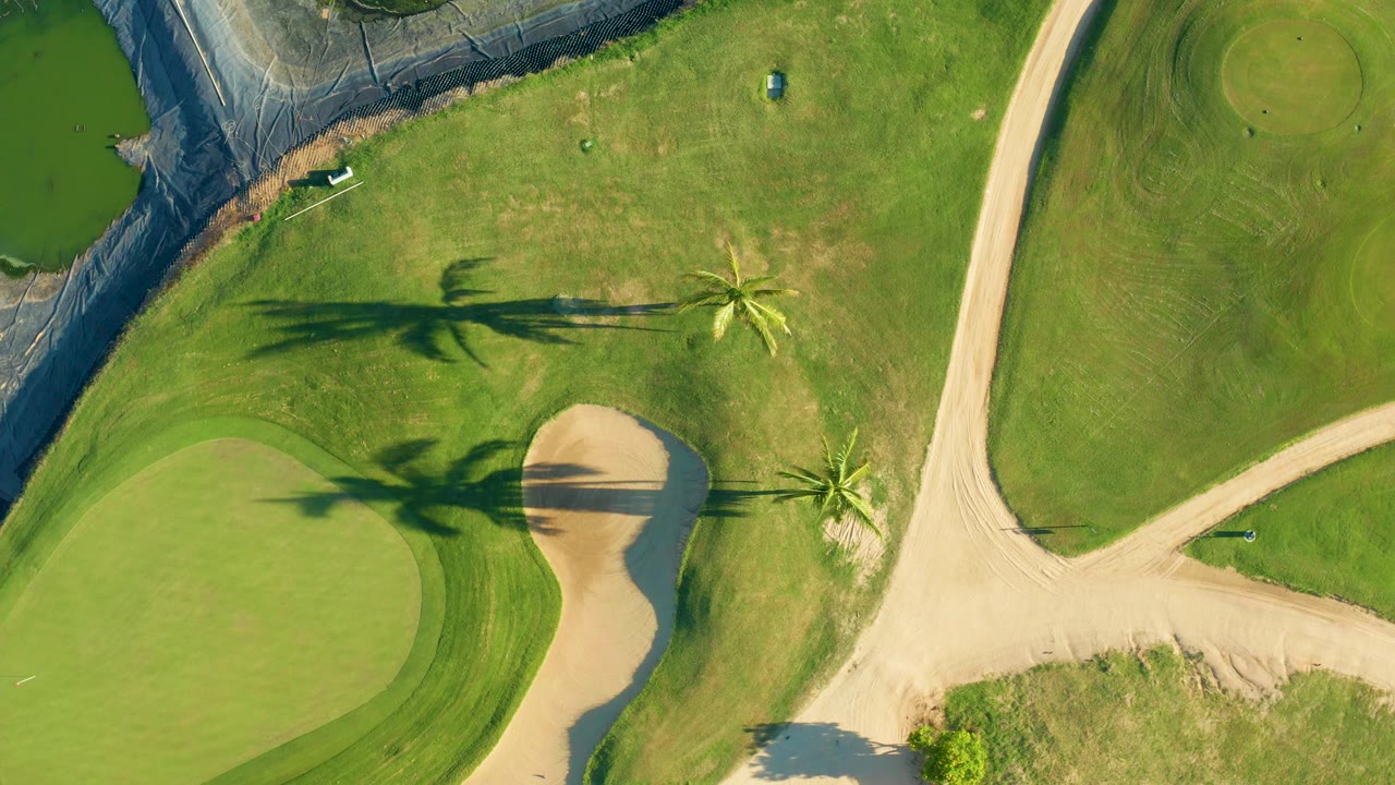 Overhead view in San Jose Del Cabo, Baja California Sur, showing a golf green, adjacent sand bunker, palm trees casting long shadows, curving cart paths, and no visible people.