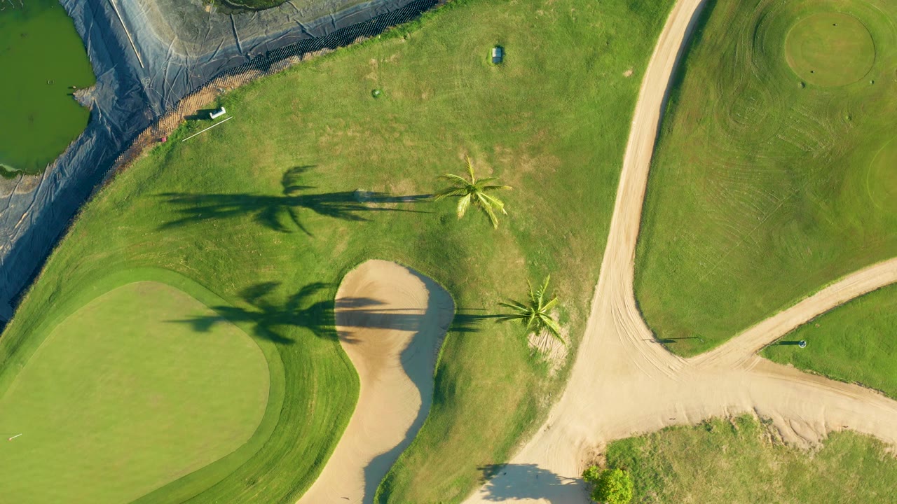 Aerial frame over San Jose Del Cabo golf terrain with the sand bunker tight to the green, palm shadows crossing the grass, pale paths meeting near center, and no visible people.