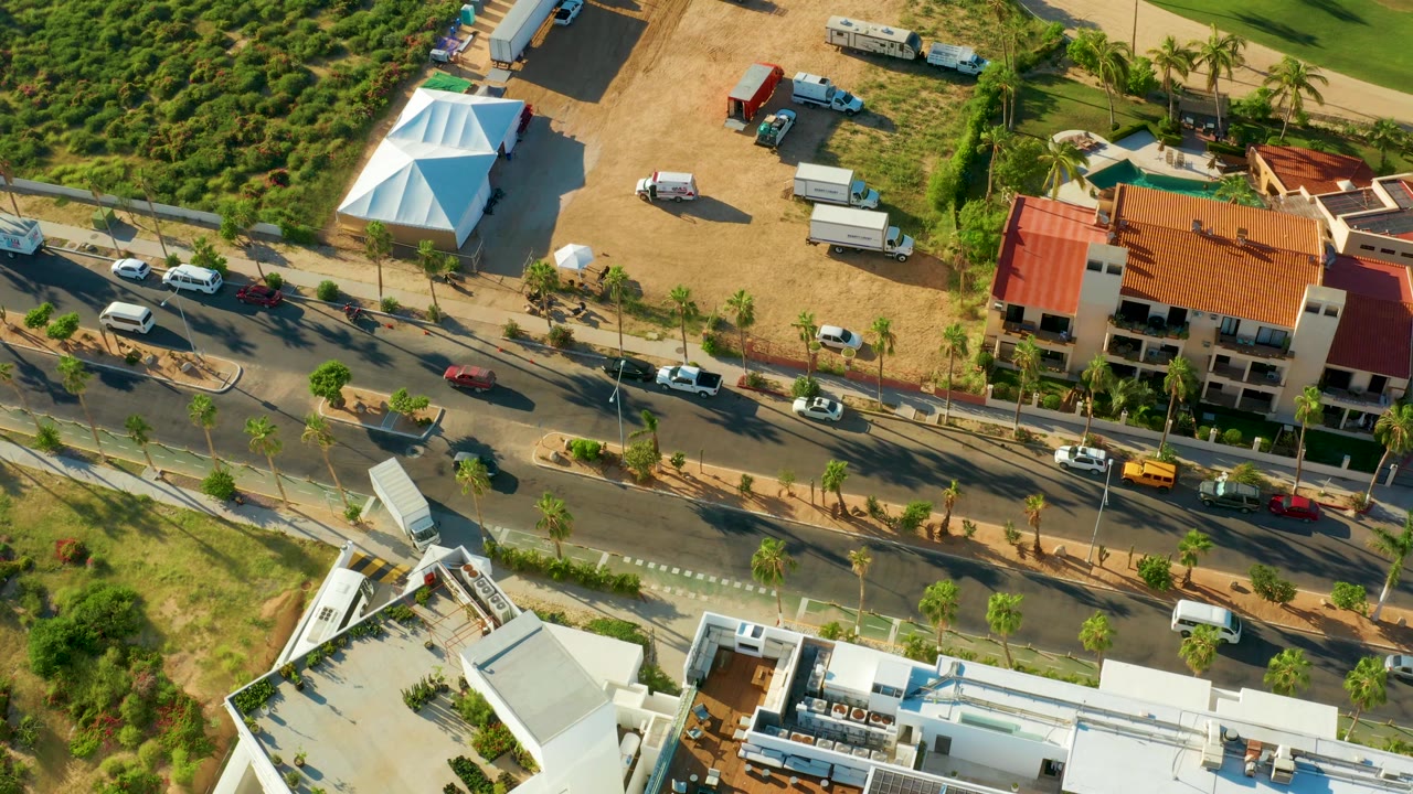 Drone view of vehicles on a divided road near palms and buildings.