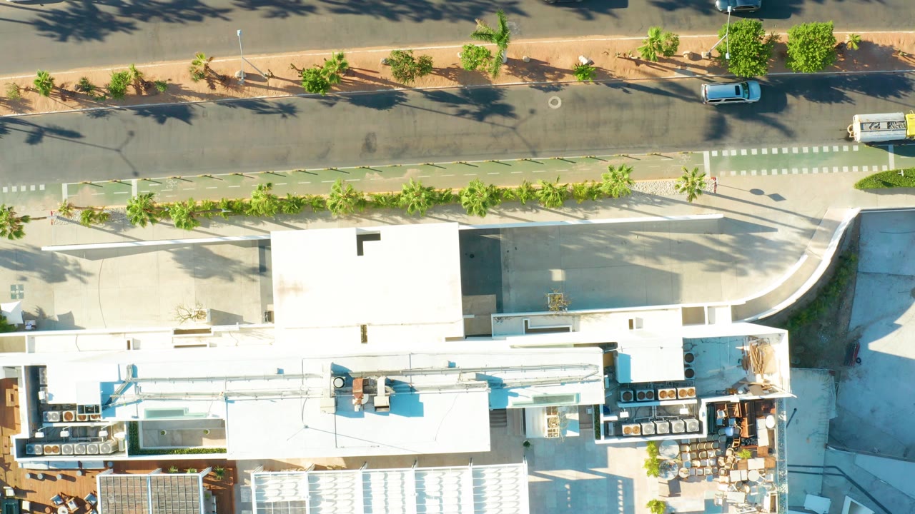 Top-down San Jose del Cabo street scene with flat white roofs, a row of cars along the lower road edge, small trees, parking spaces, and no visible people.