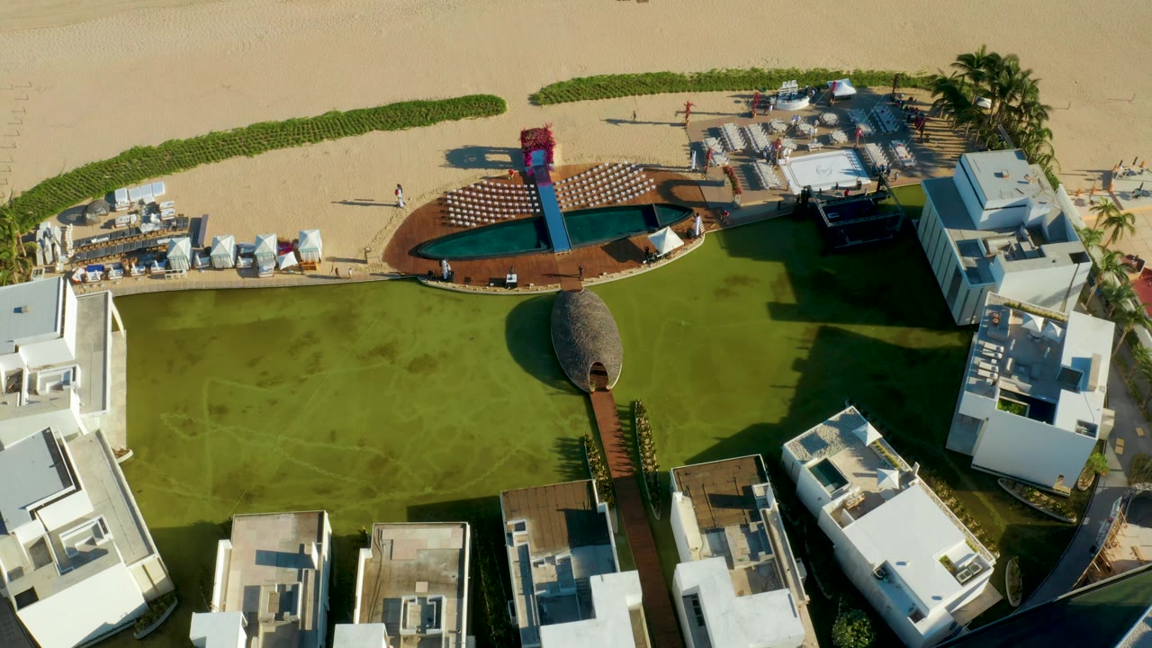 High overhead San Jose Del Cabo resort frame with the pool deck near the beach, a large green lawn below it, white buildings at the edges, and no visible people.