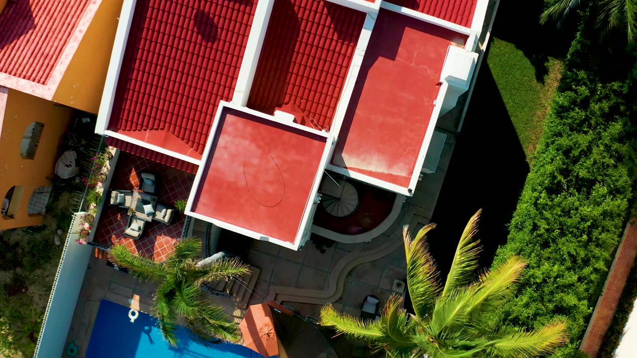Aerial view of red roof sections, patio seating, pool edge, palm fronds, and hedge line.