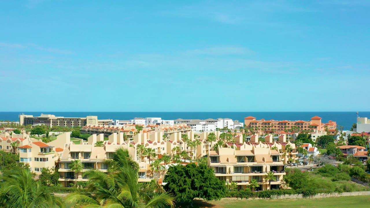 San Jose Del Cabo coastal residential buildings sit behind foreground palm fronds, with blue ocean on the horizon and no visible people.