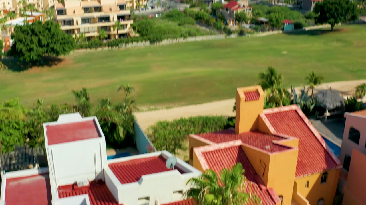 Drone passes over red and white rooftops beside palm trees and grass