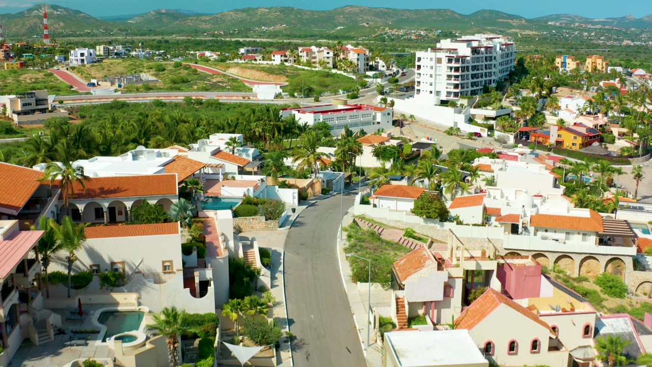 Residential road and palms seen from above with bright roofs and hills in back.