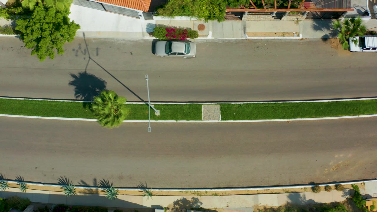 Overhead view in San Jose del Cabo, Baja California Sur showing a divided residential street, palm-lined median, parked cars, and a white car entering from the right, with no visible people.