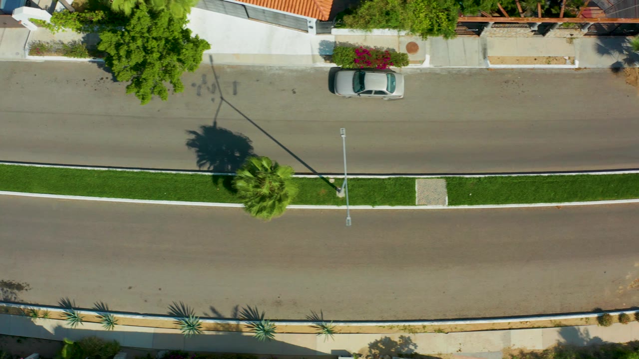 Top-down view of a divided road with a white car left of center and strong palm shadows.