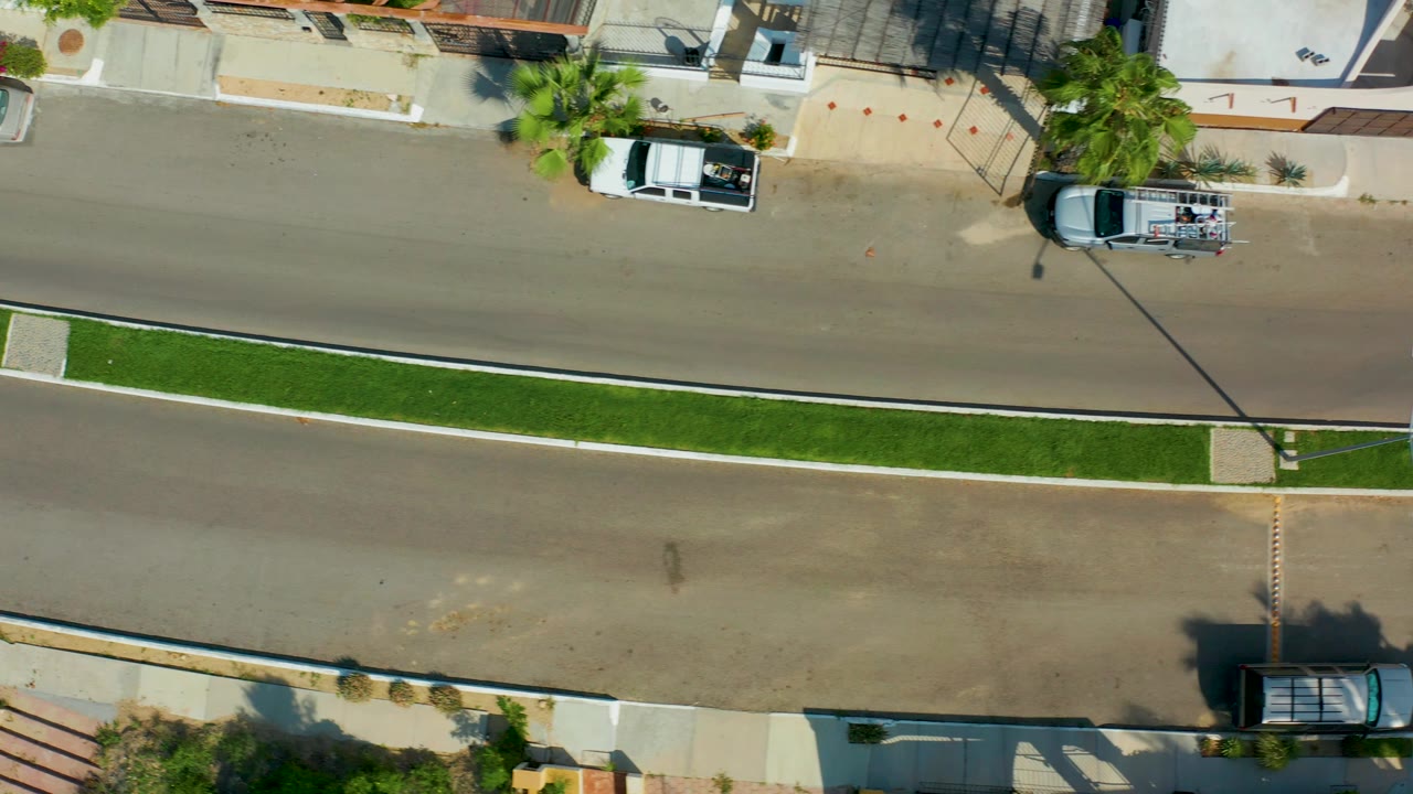 Overhead road scene with parked cars, palms, sidewalks, and home fronts.