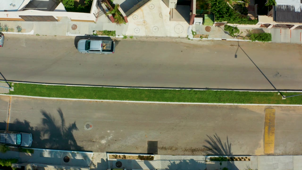 Overhead street view with a parked car, moving vehicle, grass median, and house entrances.