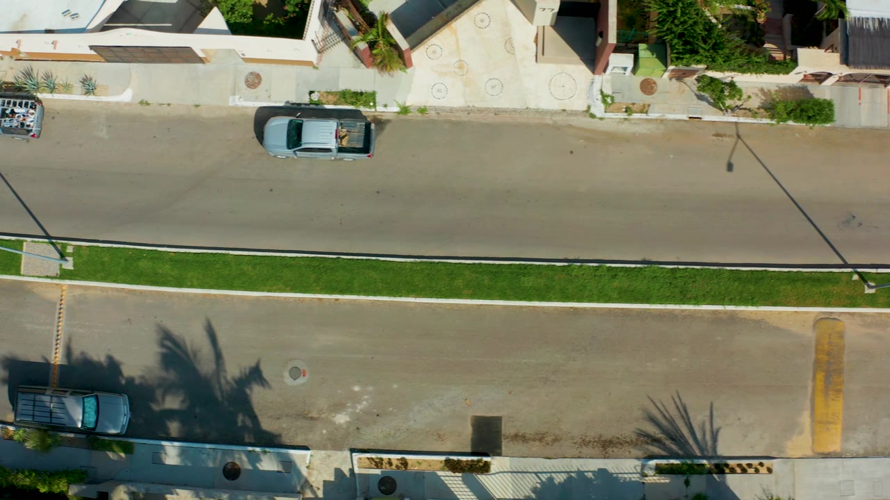 Vertical aerial frame of the San Jose Del Cabo road with a light car near the upper curb, a darker vehicle at the lower side, long palm shadows, walled homes, and no visible people.