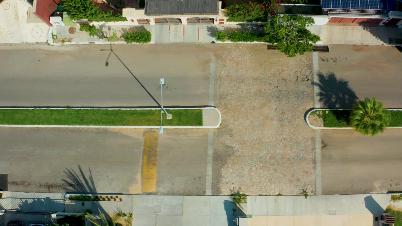 Overhead view of the same residential block with driveways, palm tree, streetlight, and empty road surface.