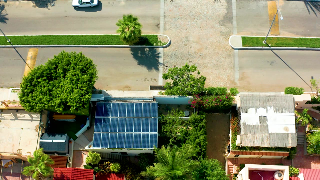 Top-down view in San Jose Del Cabo showing a white car near a residential street edge, dense green trees, rooftop solar panels, sidewalks, and no visible people.